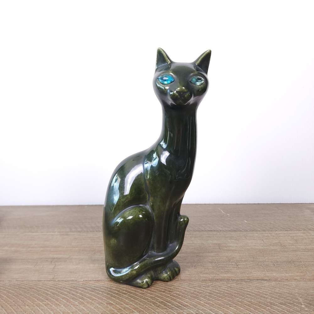 Vintage Dark Green Porcelain Cat Figurine MCM Blue Jewel Eyes Mid Mod